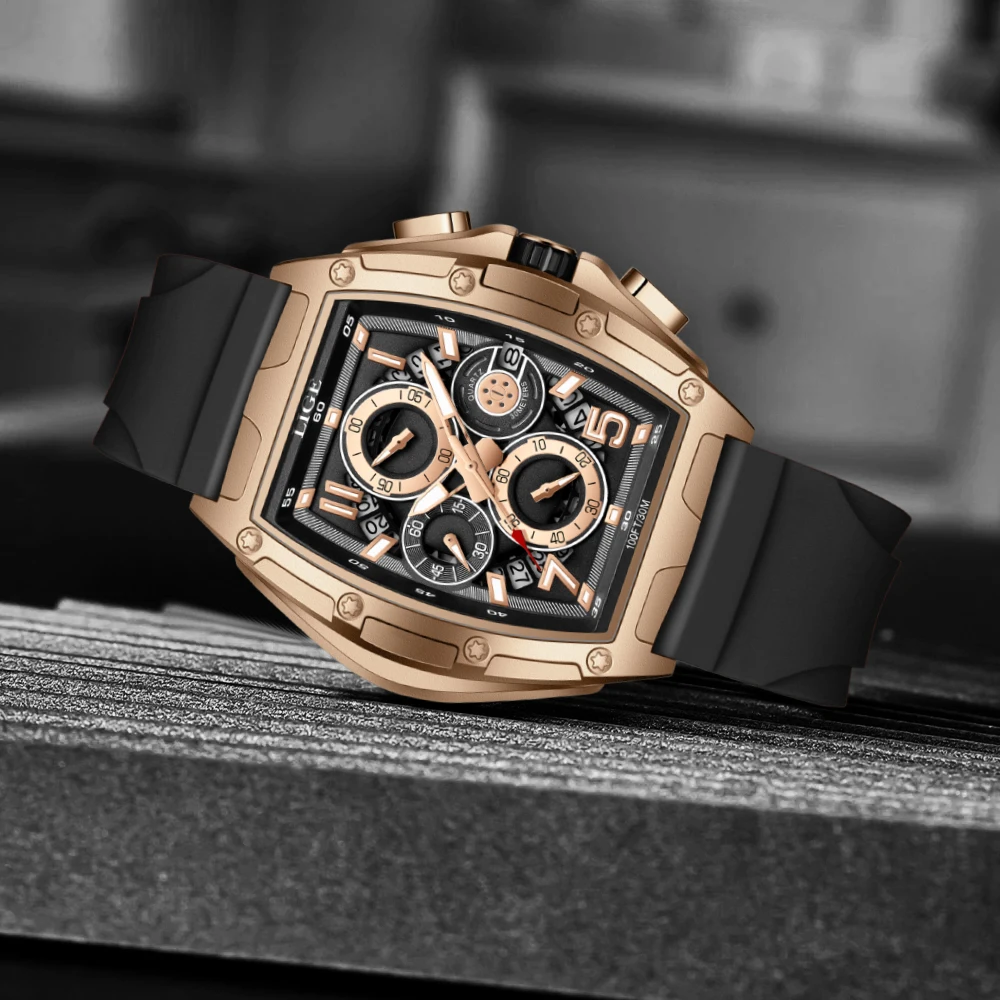 ساعة LIGE الرياضية للرجال، ساعات عصرية فاخرة للرجال، تصميم مربع فريد من نوعه، كرونوغراف كوارتز مقاومة للماء، ساعة يد بشريط