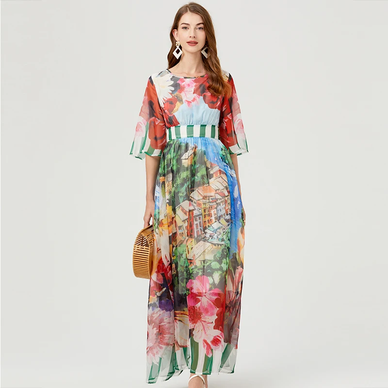 New Flower Print Woemen Summer O Neck mezza manica in Chiffon Casual A Line Fashion Vintage BOho Holiday Maxi Dresses