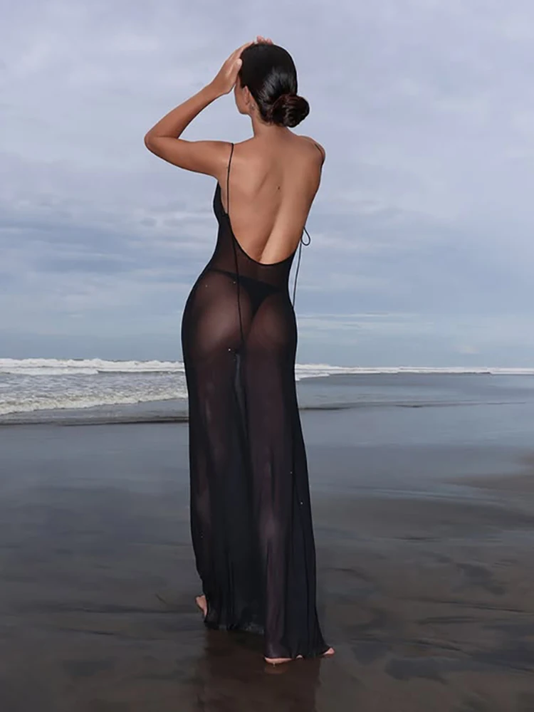 Cutenew Mesh seksowne gorące sukienki damskie Trend zawieszka przezroczysta rozkloszowana szyja Backless prosta Bodycon kobiece wakacje Maxi sukienka