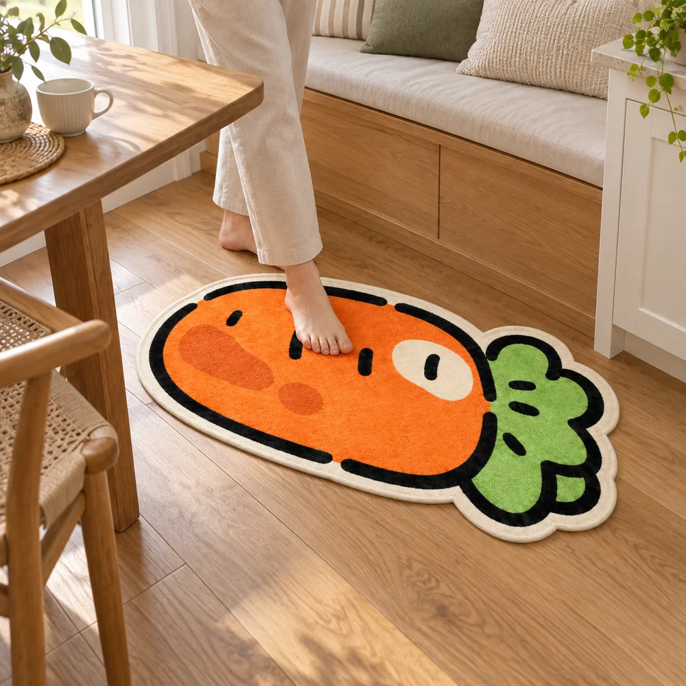 Cute Orange Carrot Shaped Area Rug Vegetable Flannel Floor Mat  Irregular Rug for Kitchen Entryway Living Room Home Decor