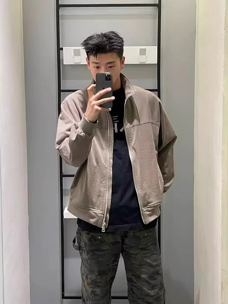 

Vintage Brown Baseball Jaet Men's Spring Autumn American Retro Pilot Coat Stand Collar Zipper Decorated Stand Fit Outerwear