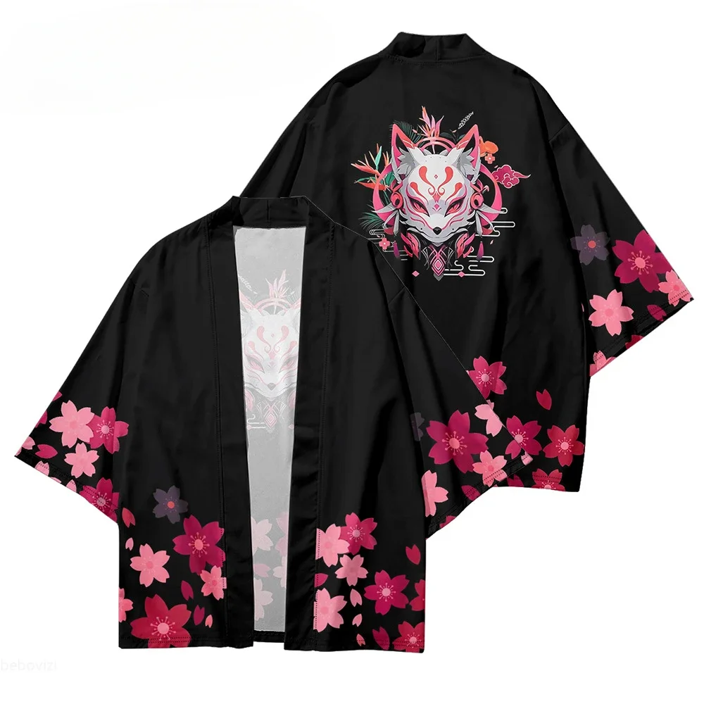 سترة هاوري كيمونو اليابانية للسيدات، قناع ثعلب مطبوع عليه زهور، هدية، ملابس خارجية تقليدية، غطاء فضفاض غير رسمي