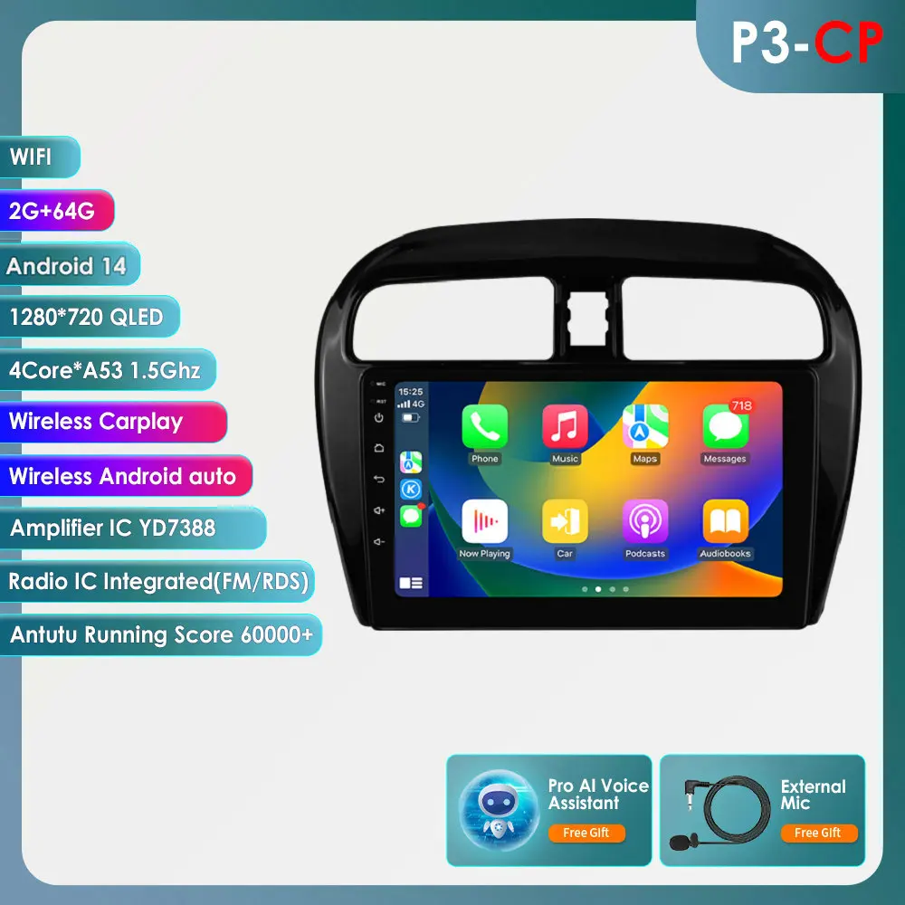 Hizpo Autoradio Carplay 4G AI-systemen Android autoradio voor Mitsubishi Mirage/Space Star 2012-2023 Multimedia Videospeler GPS 9 inch auto intelligent scherm QLED display Automotive head unit