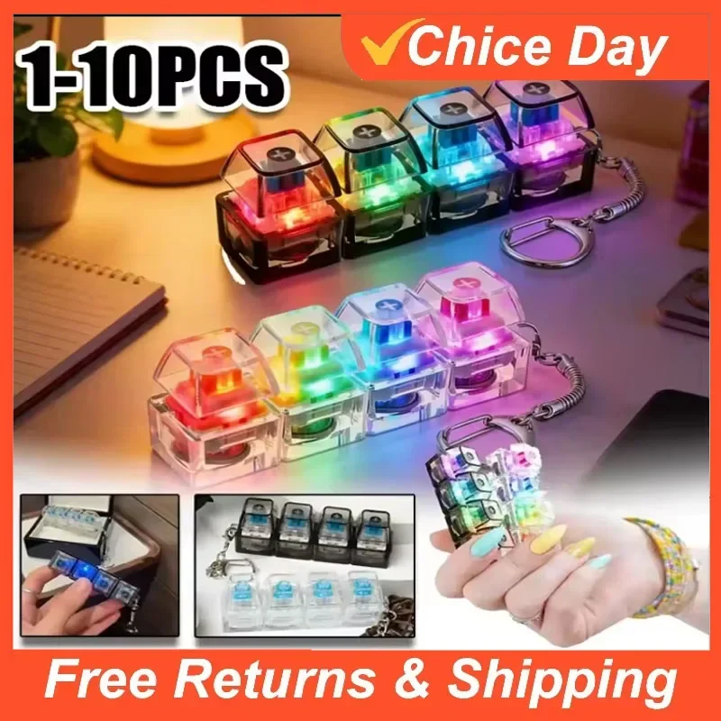4 Keys Keyboard Fidget Toy Keychain Stress Relief Clicker Fidget Keyboard with LED Squeeze Crystal Transparent Bag Charm Amagi