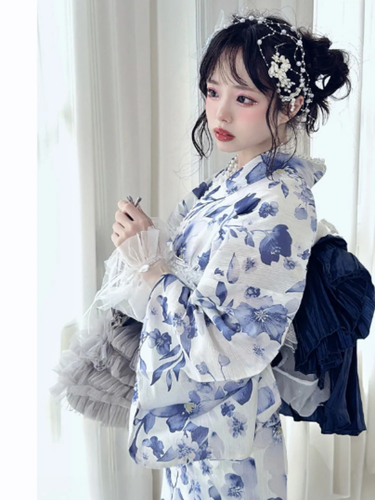 Traditional Japanese Yukata Set Light Blue Watercolor Iris Print Separate Design Bathrobe Women's Fashion Spring Summer