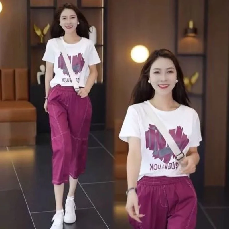 Women\'s Loose Fashion Summer New Casual Suit Meat Covered Short Sleeve T-shirt Harun Calf-Length Pants 2 Two Piece Set For Women