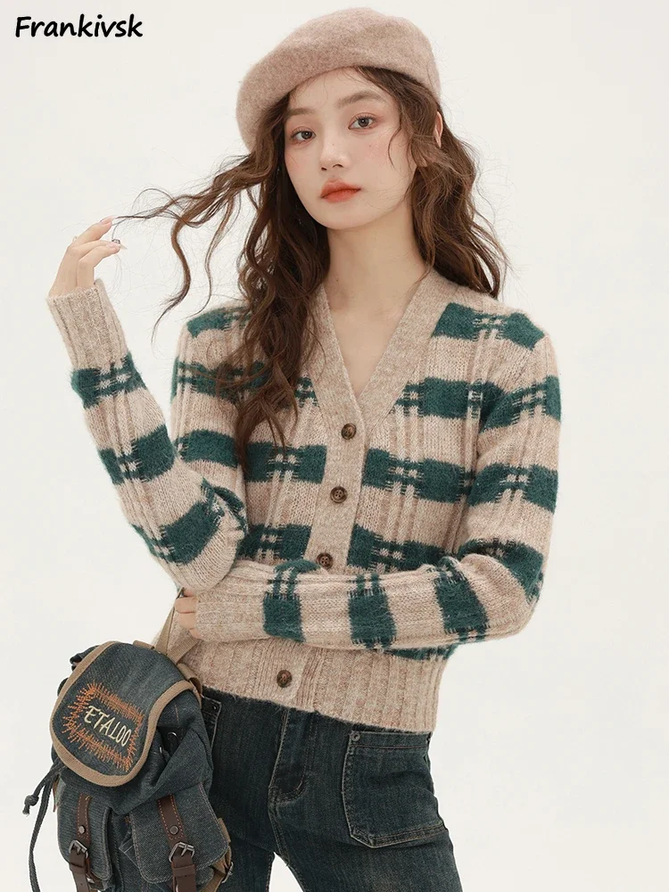 

Striped Cardigan Women Contrast Color All-match Sweet Korean Style Long Sleeve High Street Simple Baggy Slouchy Knitting Autumn