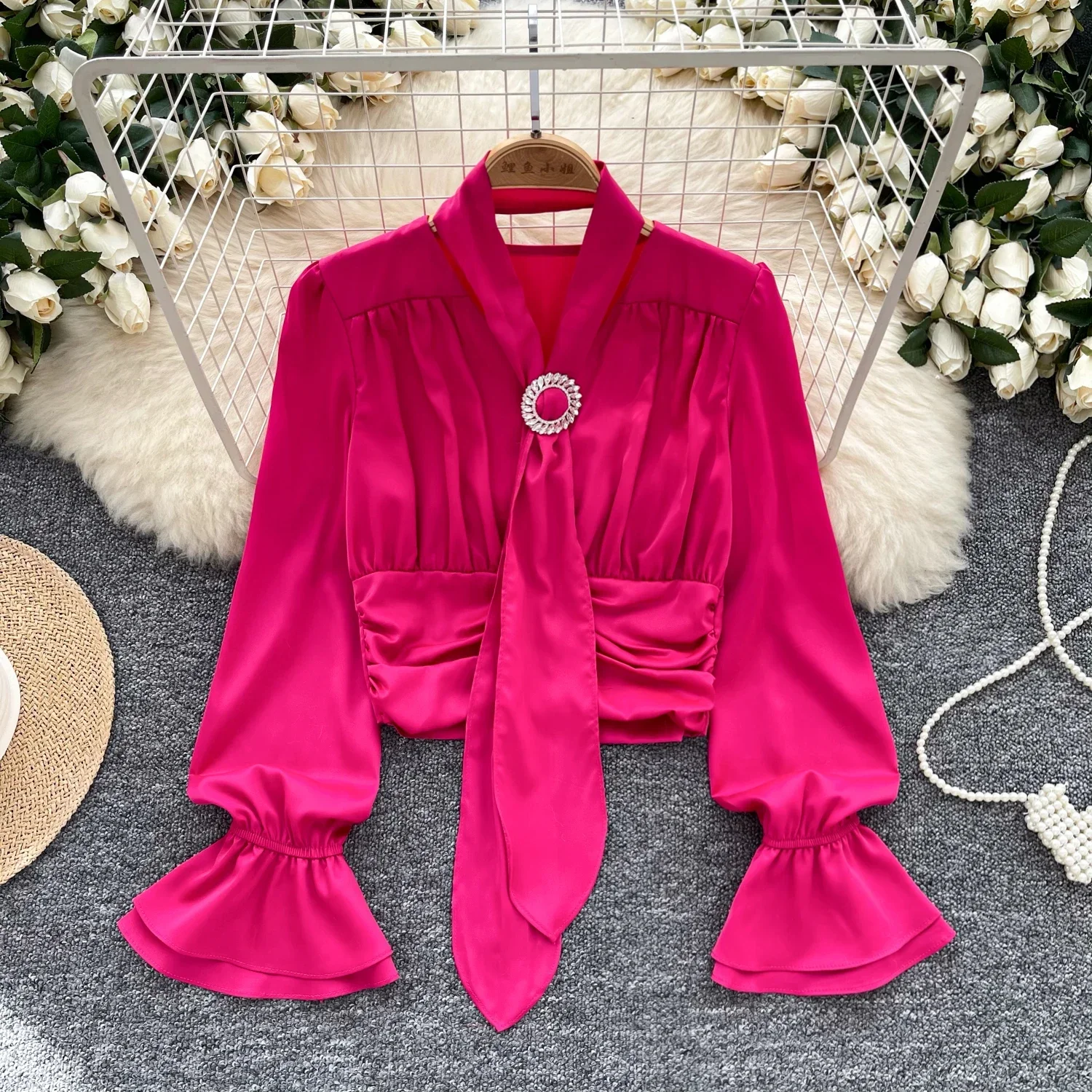 Vintage Halter Slim Riddons Chic Pleated Basics Long Flare Sleeve Satin Top Korean Women Streetwear High Street Autumn Blouse