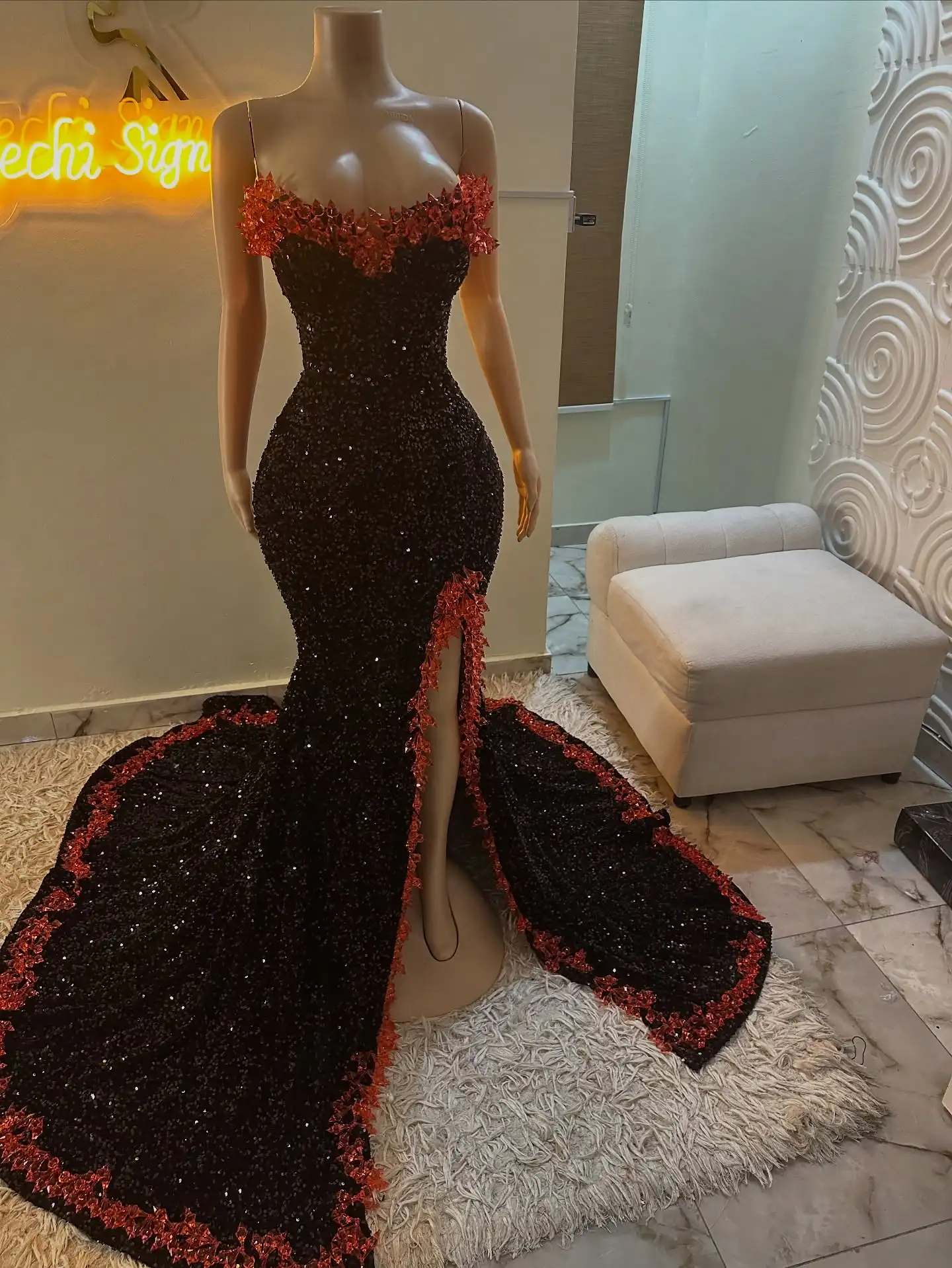 

Black 2026 Sparkly 3D Flowers Sequined Prom Dresses for Women Side Slit Beaded V Neck Formal Evening Gowns Customzed