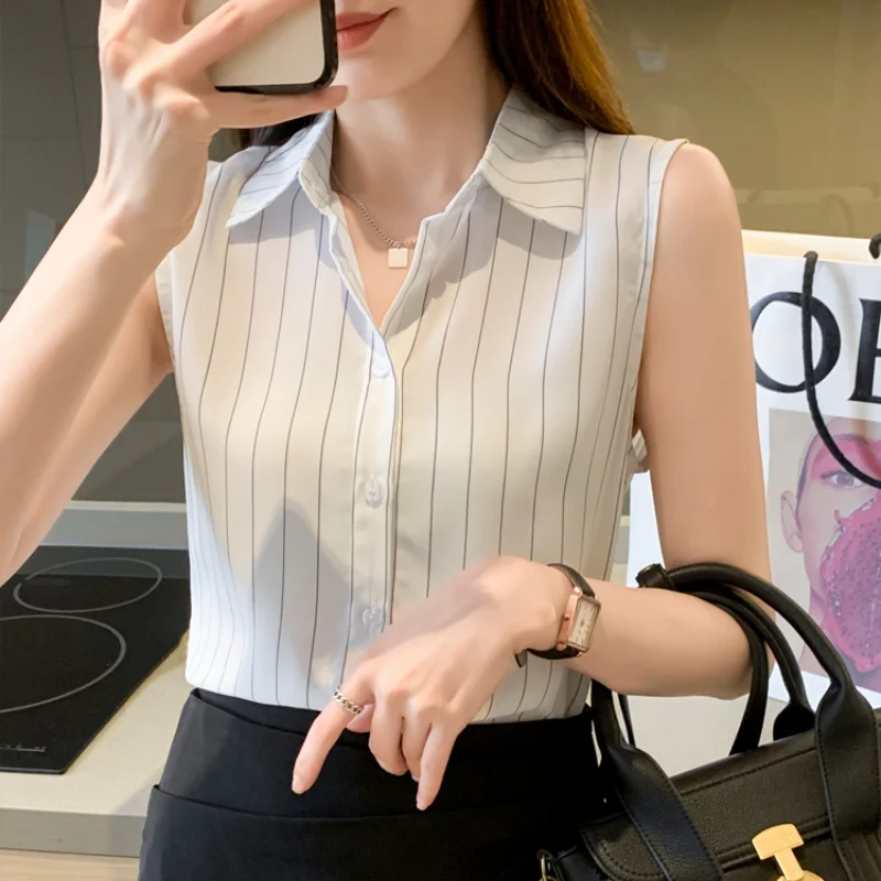 Woman Shirts V-neck Sleeveless Striped Laides Tops Chiffon Women Shirts Blouses Button Up Female Tops Fashion Clothes Woman 2024