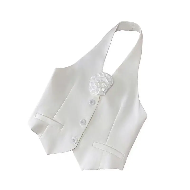 New 2026 Women Sweet Floral Appliques Sleeveless Halter Camis Tank Lady Back Buttons Slim Summer Crop Tops