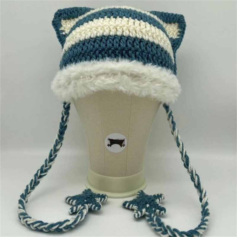 Knit Stripe Pattern Cat Ear Hat Elastic Windproof Hat with Star Tassels Ear Protector Hat Winter Cycling Skiing Hat