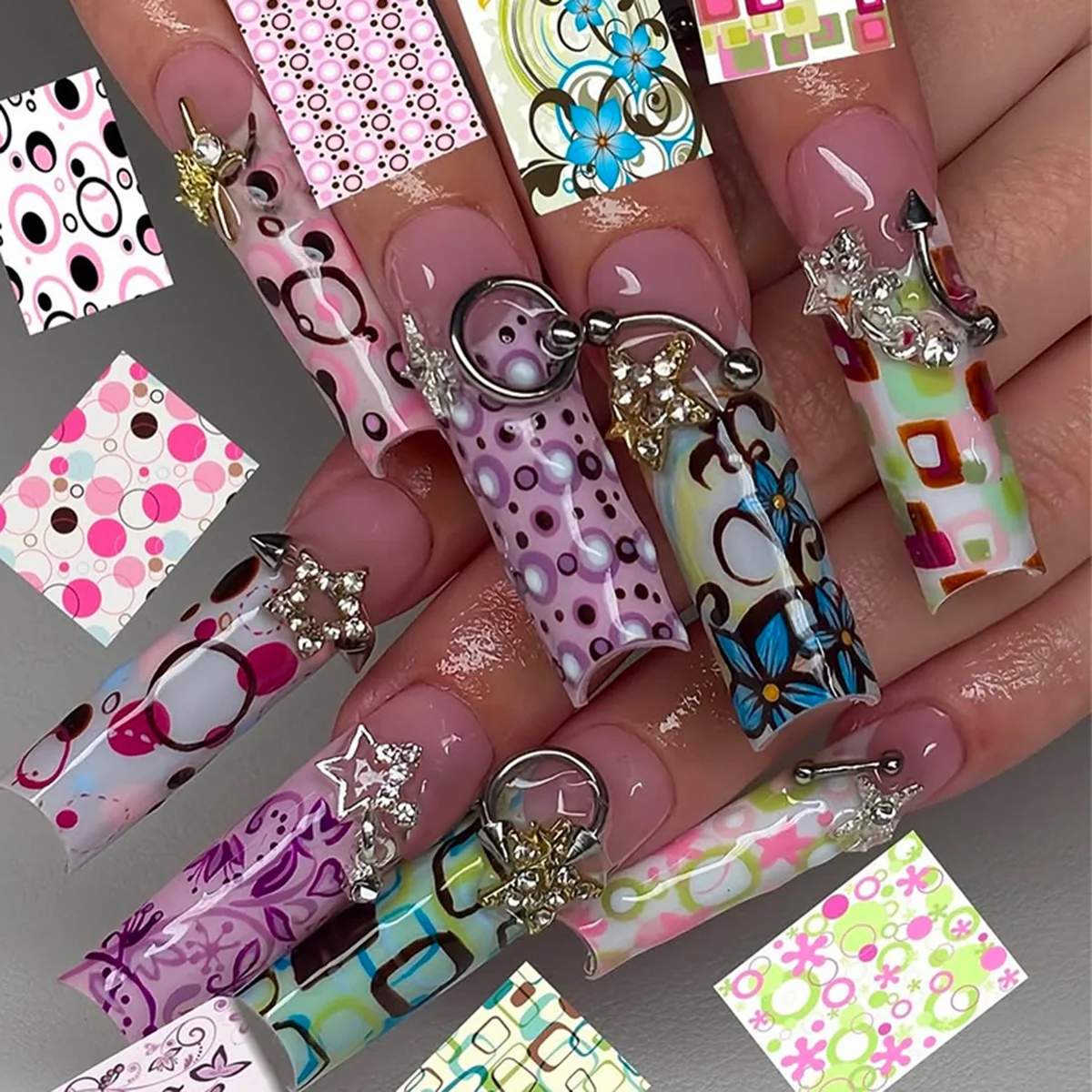 24pcs Gothic Punk Style Fake Nails European Y2k Metal Star Design Press on Nails Sweet Cool Long Ballet False Nail Patches