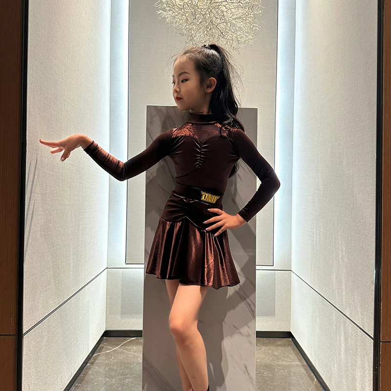 Kid's Latin Dance Performance Costume Girls' High Neck Long Sleeves Tops Skirt Split Suit Prom Samba Dance Practice Wear VBH1097