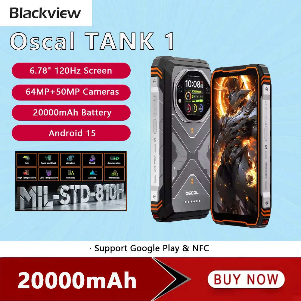 Blackview Oscal TANK 1 Rugged Phone 6.78 Inch 2.4K 16GB 512GB Mobile Phone 20000mAh 64MPCellphone NFC AI 5G Smartphone Android