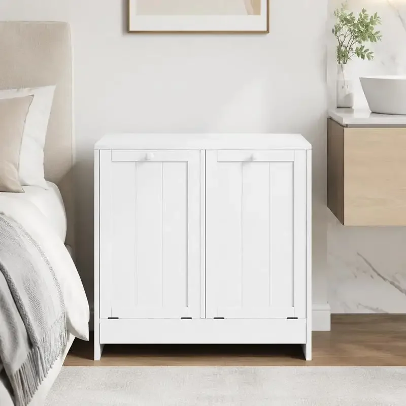 Meuble de salle de bain avec panier à linge, armoire de salle de bain en bois avec 2 portes et 2 paniers, 66x33x68cm, blanc