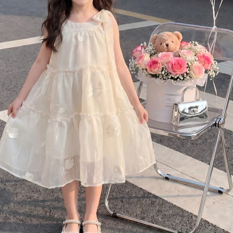 Girls' Neck Hanging Dress Summer 2026 New Style Children's Summer Sleeveless Mesh Vest Baby Princess Dress