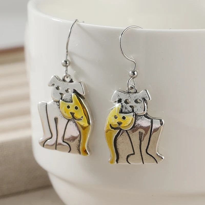 Cute Dog Pattern Drop Dangle Earrings For Women Creative Two Tone Metal Earrings Korean Fashion Casual Jewelry Idea Gifts