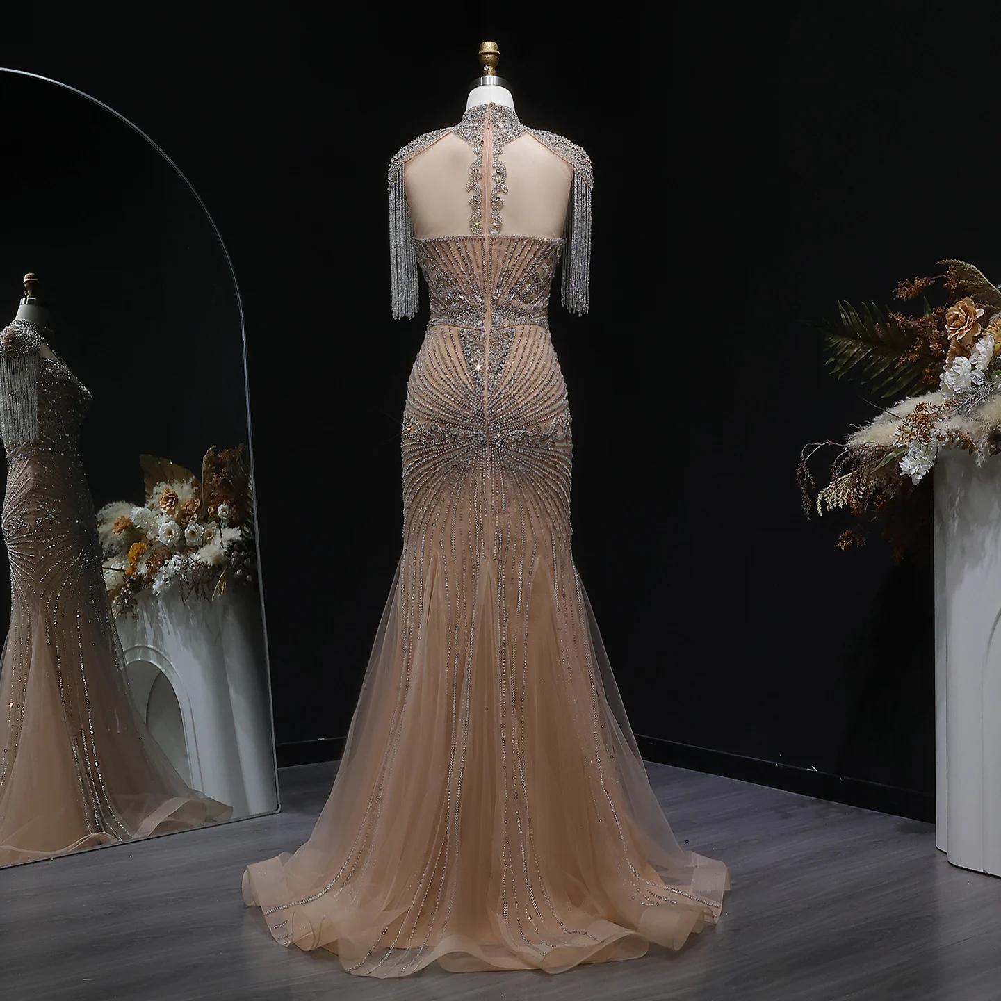 Sharon Said Arabisches Rosa Sweetheart Langes Meerjungfrauen-Abendkleid mit Cape-Quaste für Damen Hochzeitsfeier-Kleider SS190 Maßanfertigung – Detail 21