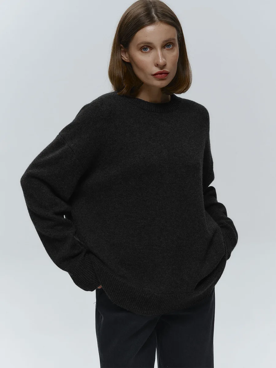Bornladies Damen O-Ausschnitt Oversized Pullover Herbst Winter Dick Warm Locker Einfarbig Gestrickter Pullover Lässiger Jumper Top – Detail 5