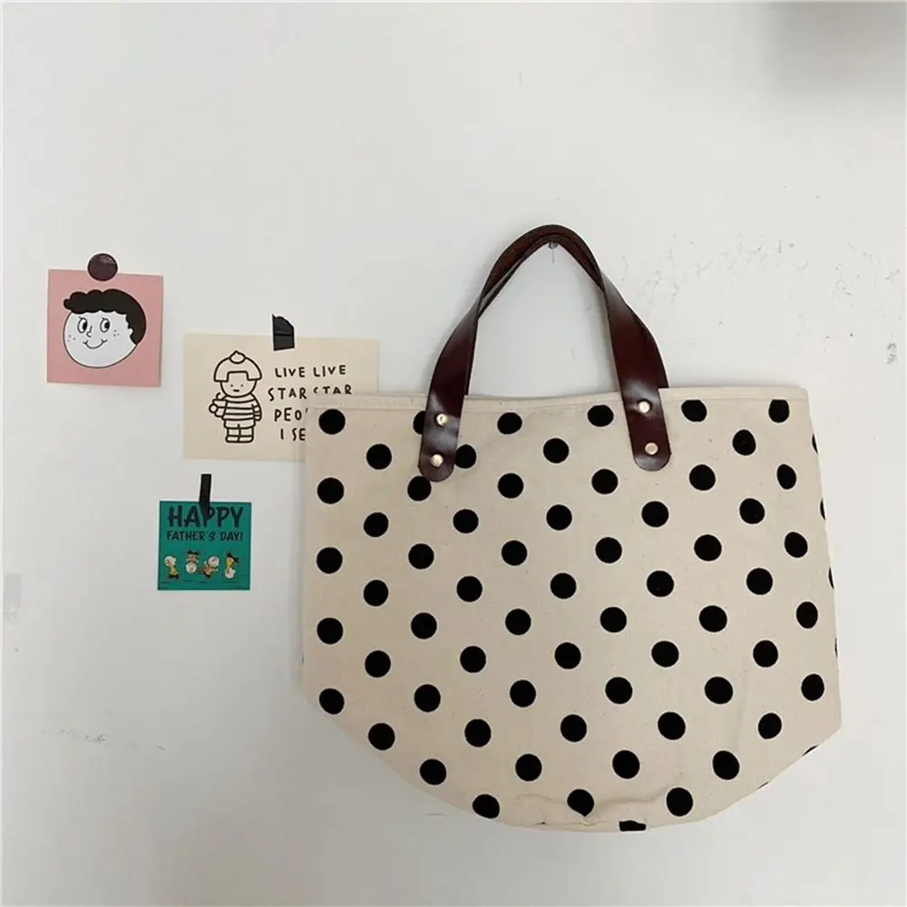 

Cute Wave Point Polka Dot Canvas Bucket Bag Large Capacity Lunch Bag Handbag Korean Style Tote Bag Mummy Bag Storage Bag