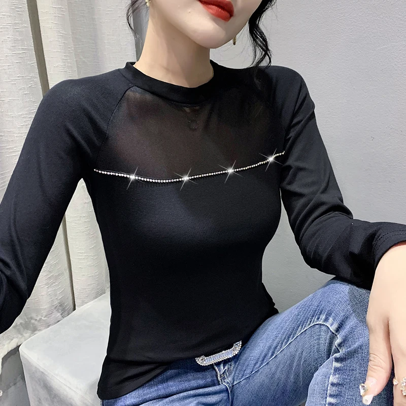 Spring Fall European Clothes Mesh Thin T-Shirt Chic Sexy O-Neck Diamonds Women Tops Long Sleeve 2023 Bottoming Shirt Tees 2112