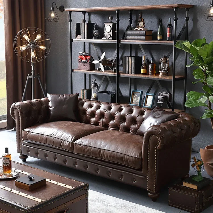 Small apartment retro living room, oil wax leather three people, apartment sofa