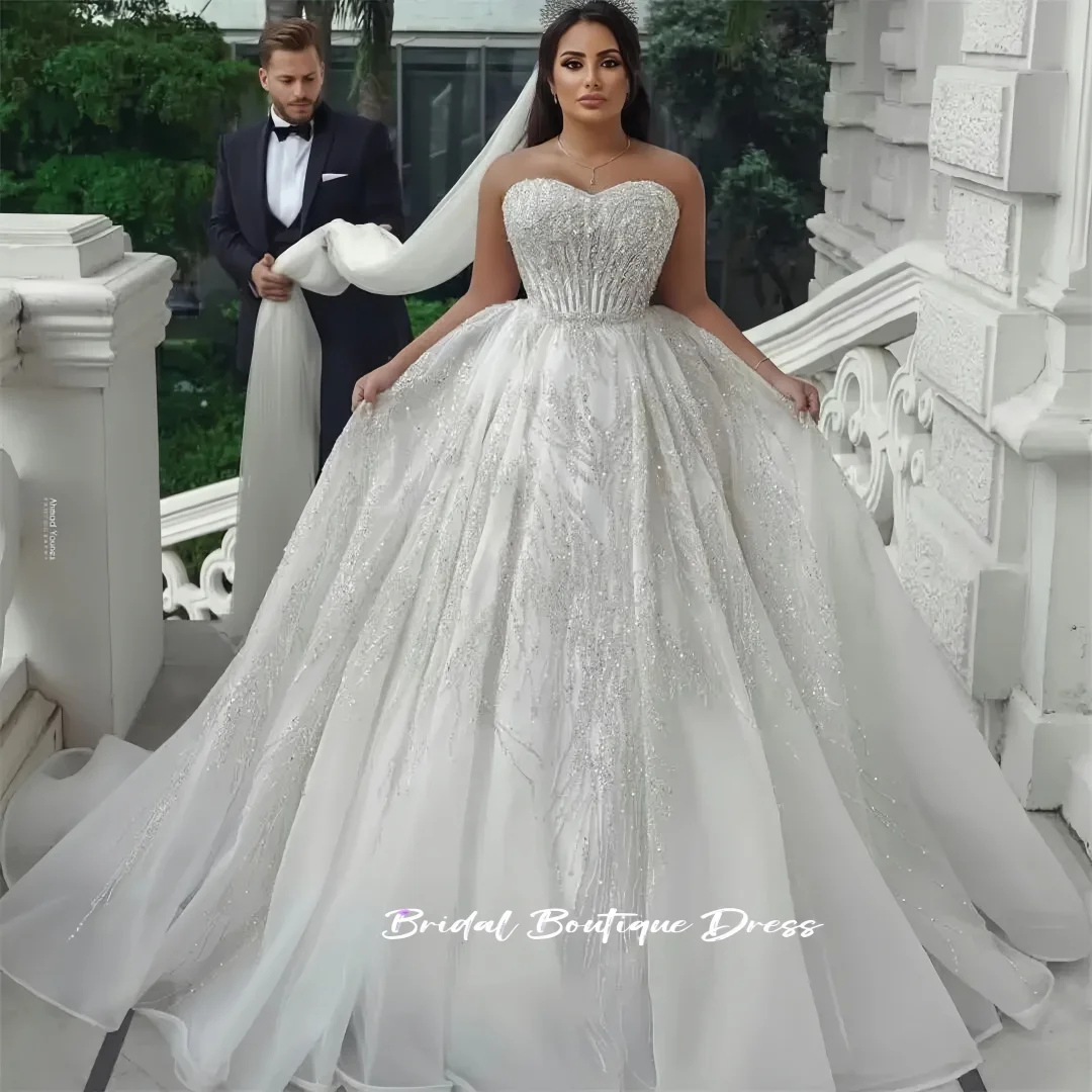 Customized Exquisite Strapless Shining brightly Sequins Beads A-Line Wedding Party Dresses Garden Plus Size Bridal Gown Train