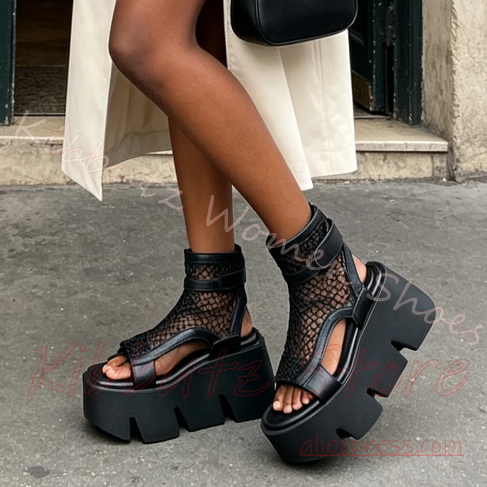 Chunky Serrated Platform Sandal Boot Women Fishnet Mesh Cutout Ankle Strap Open Toe Footwear Y2K Goth Street Fashion Concise New