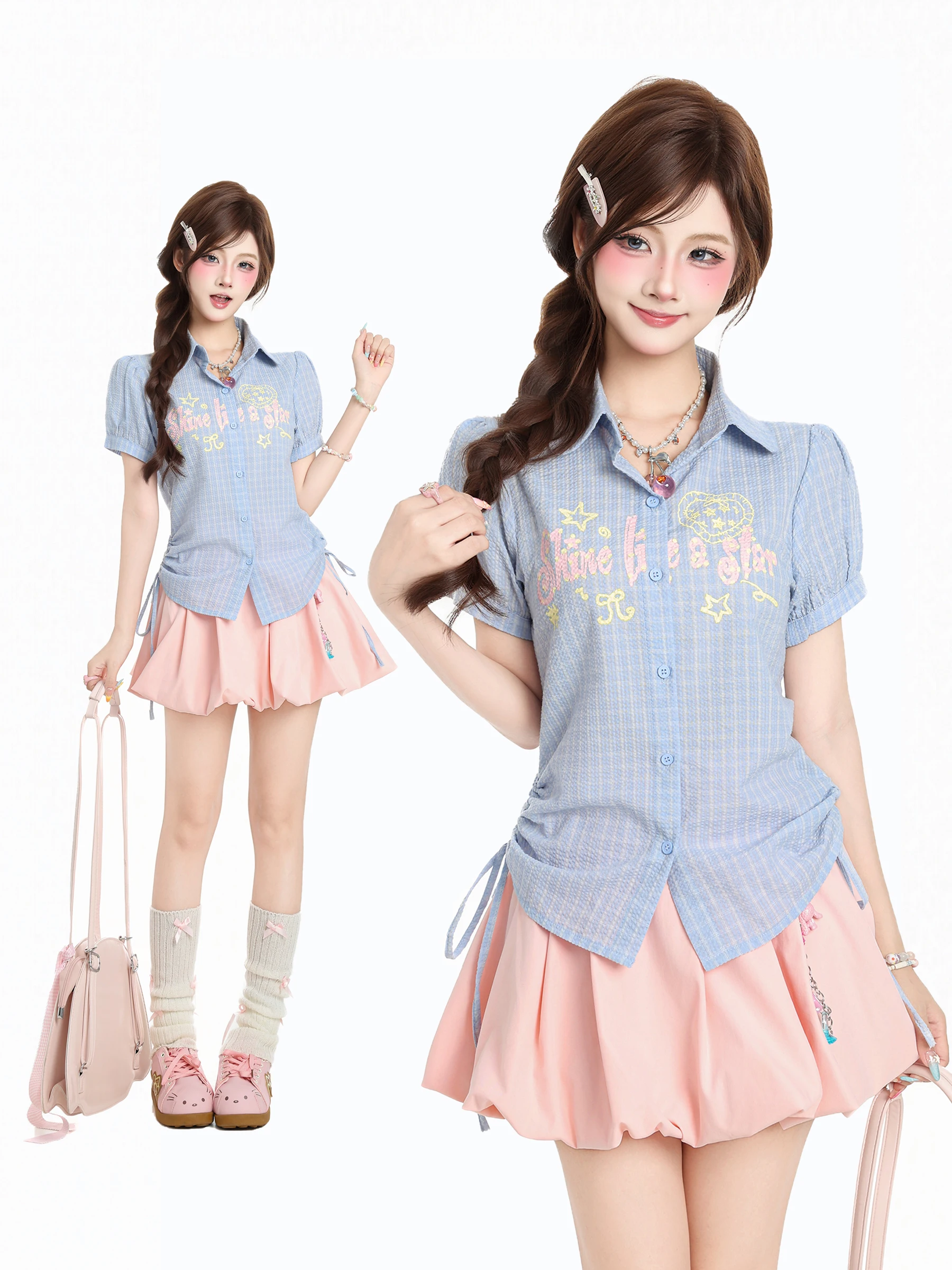 

Синяя клетчатая женская рубашка с коротким рукавом, летняя, в школьном стиле, с присборенной талией, рукавами-фонариками, стандартной шириной плеч, из хлопка