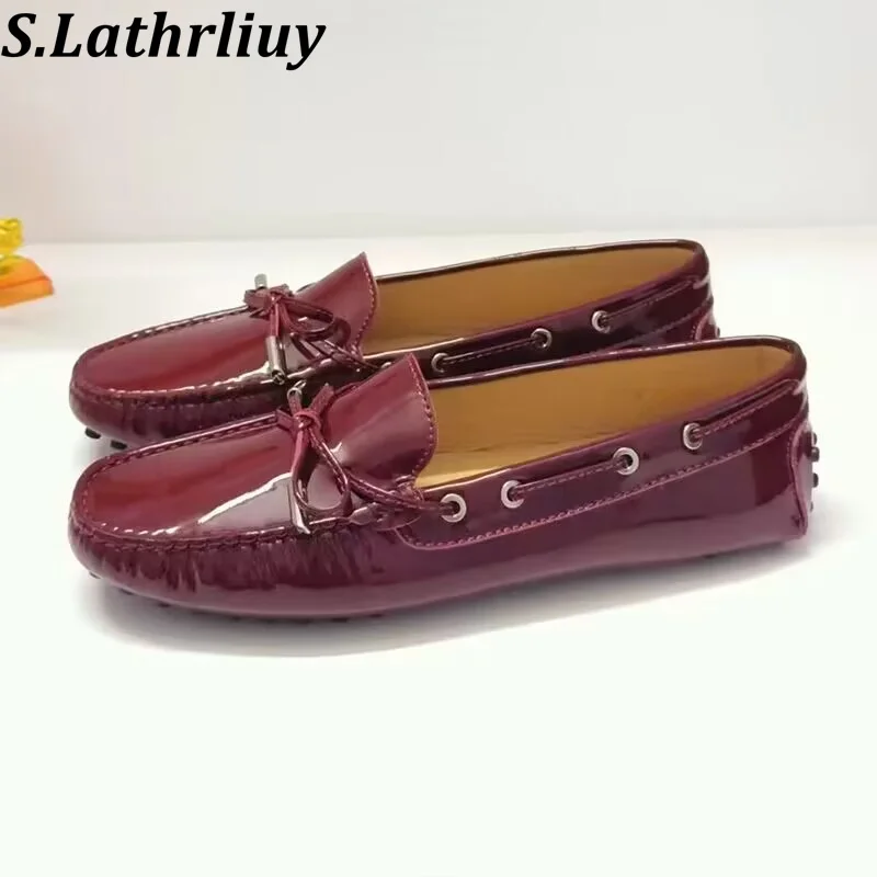 

Spring Autumn Lacquer Leather Bow Knot Flat Shoes Women's Solid Color Shallow Mouth Lazy Loafers Daily Walking Single Shoes