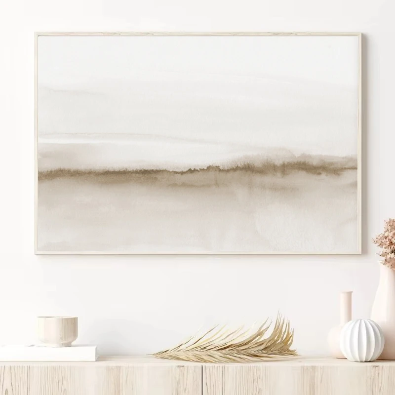 Abstract Beige Black Grey Painting Watercolor Landscape Minimalist Canvas Poster Wall Art Pictures for Living Room Home Decor