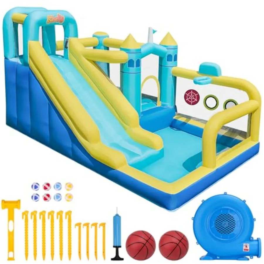 

Backyard and indoor use inflatable bounce house with 8-in-1 gameplay durable PVC material blue and red color includes blower an