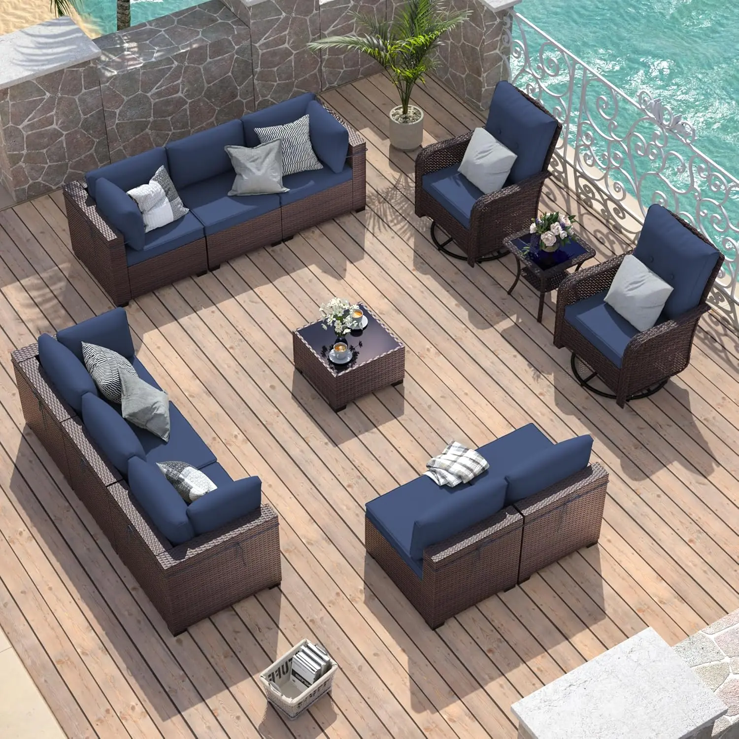 

Patio Furniture Modular Outdoor Swivel Chairs Wicker Rattan Thick Cushion&Coffee Table Conversation Sofa Set for Backyard