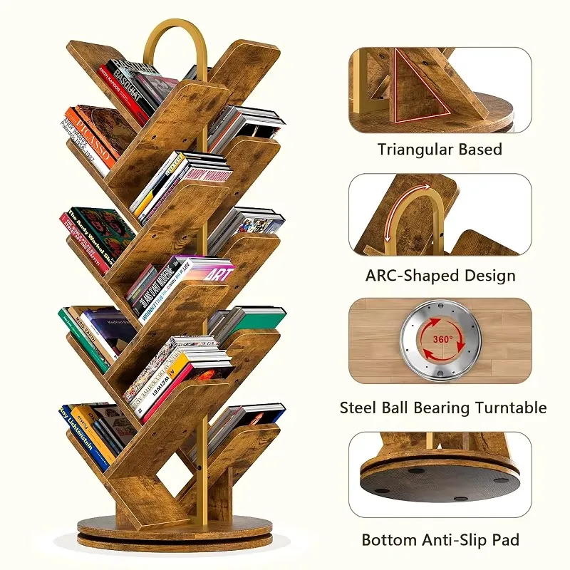 16-Tier Rotating Bookshelf, 360 Degree Spinning Standing Bookcase, Corner Bookcase for Living Room Bedroom Study, Rustic Brown