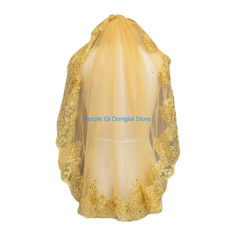 L21E Women Soft Mesh Metallic Gold Sequins Embroidered Lace Vintage Mantilla Wedding