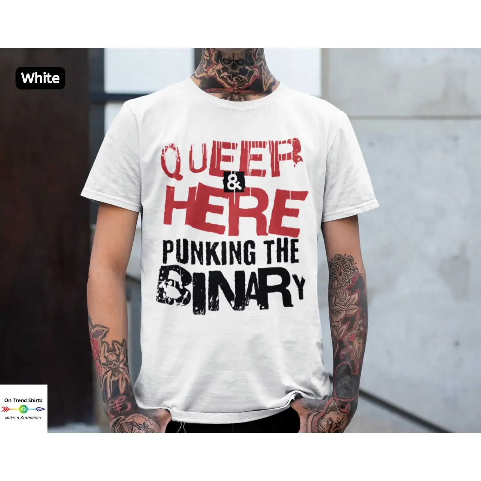 Queer Here Punking The Binary LGBTQIA Equal Rights Trans Gay Liberation Genderqueer Protest T Shirt vintage Washed Comfortable