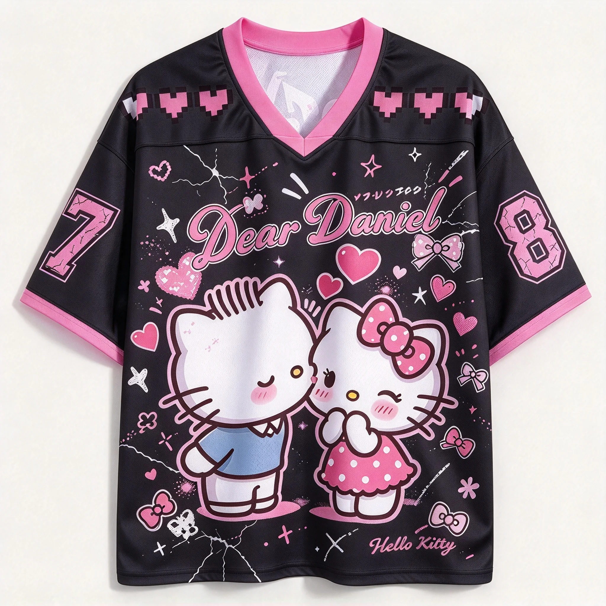 Hello Kitty Dear Daniel Couple Graphic Mesh Jersey, Black Pink V Neck Sport Top, Bow Heart Cute Print Oversized Casual Shirt