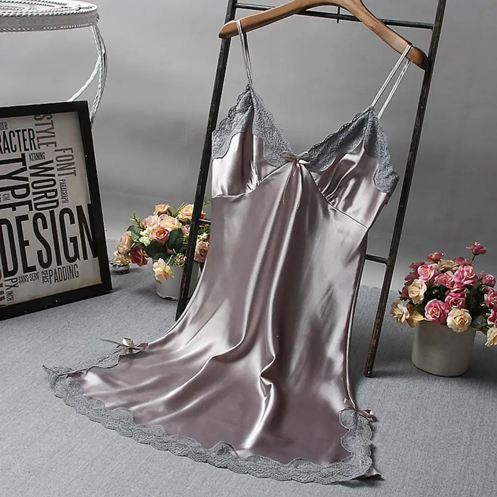 Summer Nightdress V Neck Solid Color Satin Nightgown Sexy Women Nightshirt Sleepwear Lace Bath Gown Casual Home Night Dress