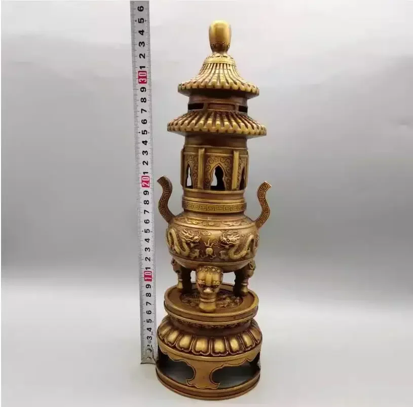 Metal brass two dragon playing pearl tower furnace decorations, home and office cultural and creative ornaments