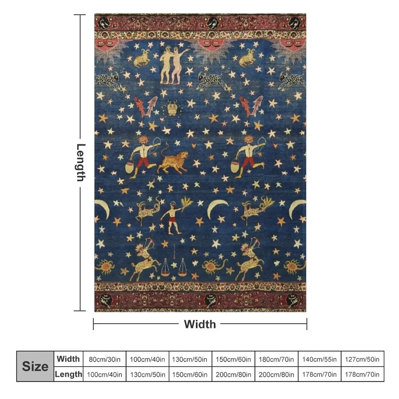 ANTIQUE PERSIAN CARPET WITH ZODIACAL SIGNS,STARS IN BLUE SKY Throw Blanket Picnic Sofa Soft bed plaid Blankets