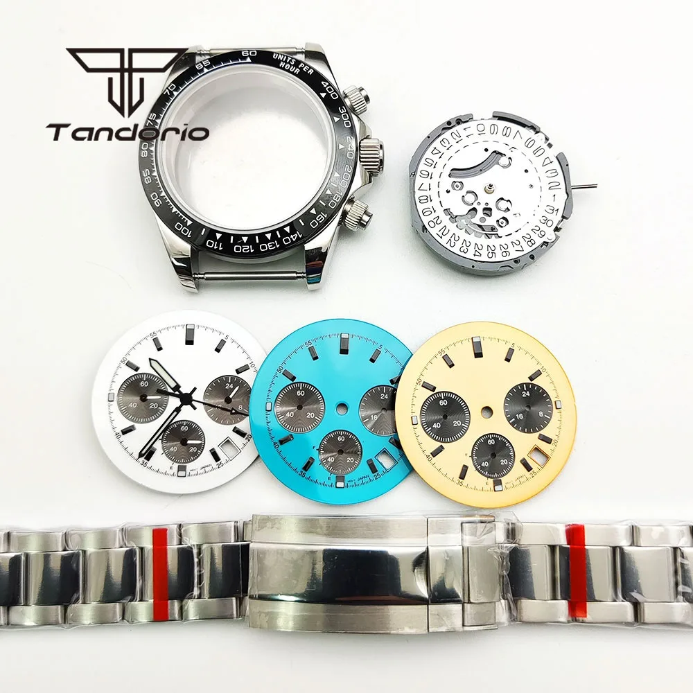 Fit VK63 Quartz Chronograph Movement Multifunctional 39mm Steel Watch Case Bracelet Dial Hands Movement Whole Set Sapphire Glass