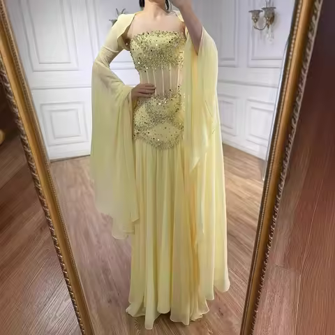 Serene Hill 2025 Customized Luxury Pearls Tassel Yellow Evening Dress with Flowing Coat LA72978A