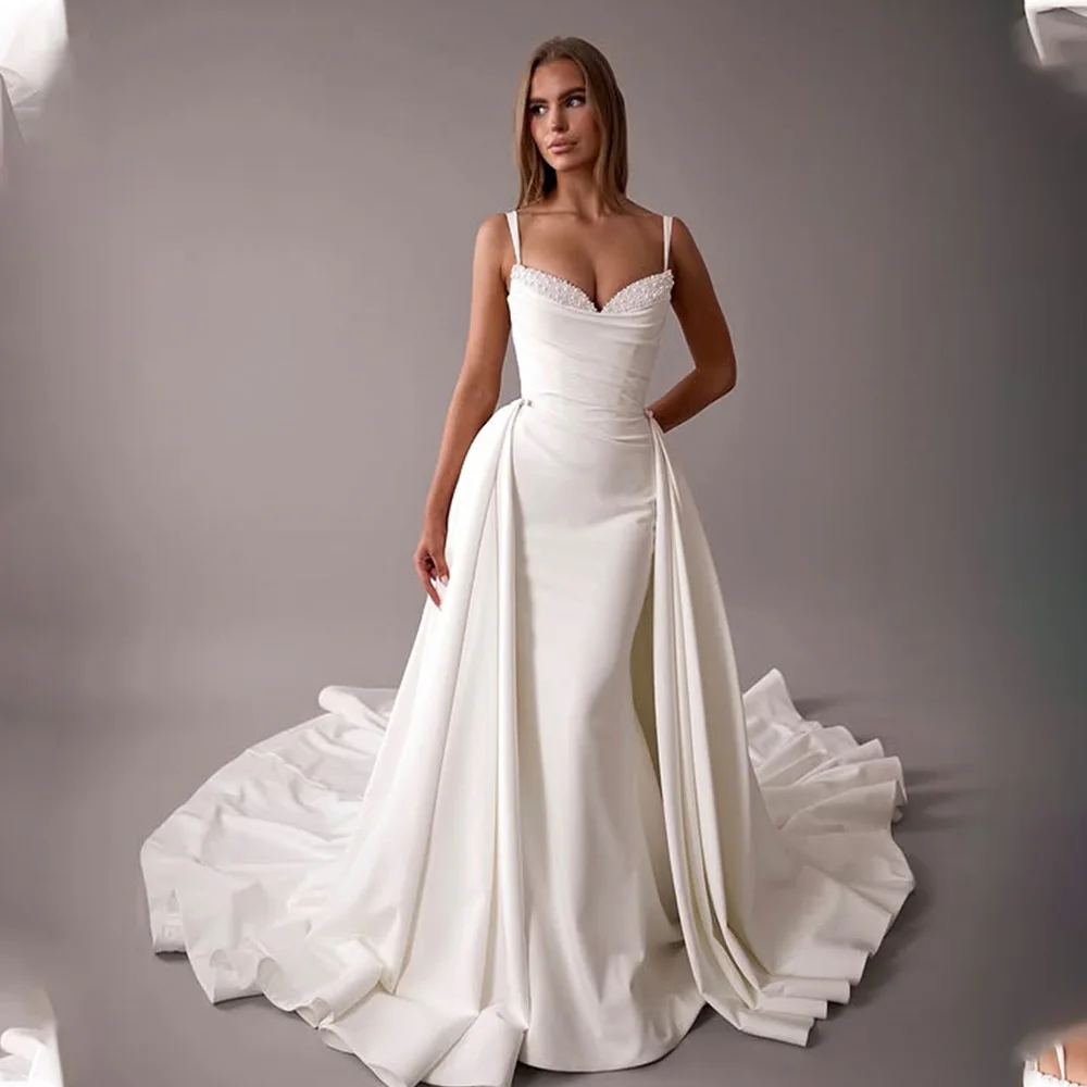

New Popular Spaghetti Straps Beaded Around Sweetheart Mermaid Wedding Dresses With Detachable Train 2 In 1 Custom Made Vestido