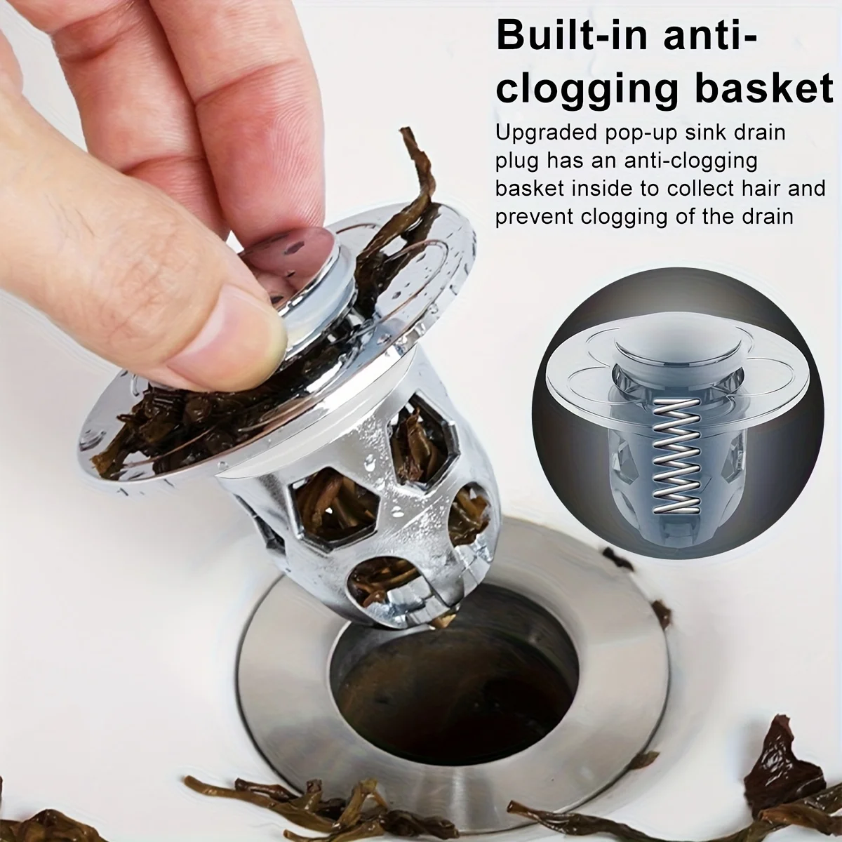 سدادة حوض الحمام من الفولاذ المقاوم للصدأ مع سلة التقاط الشعر المضادة للانسداد - فلتر تصريف منبثق من نوع الدفع السهل