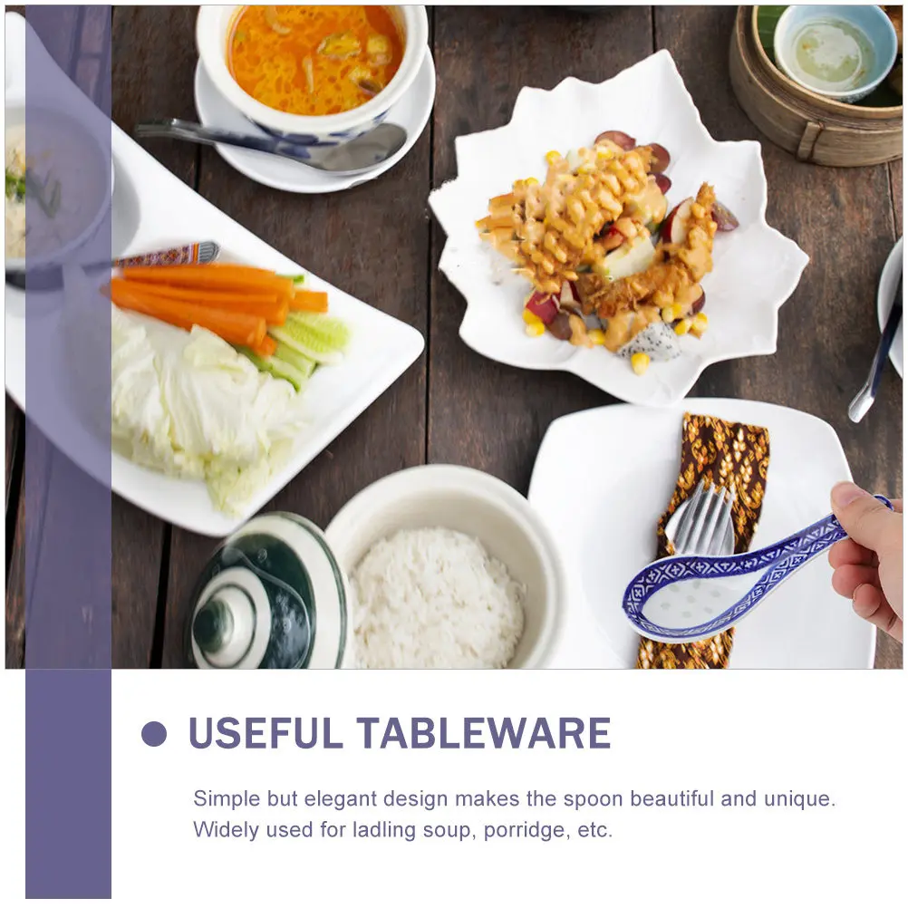 

8Pcs Elegant Blue and White Ceramic Soup Spoons Chinese Floral Design Delicate Dinner Spoon Set for Soup Porridge Dessert