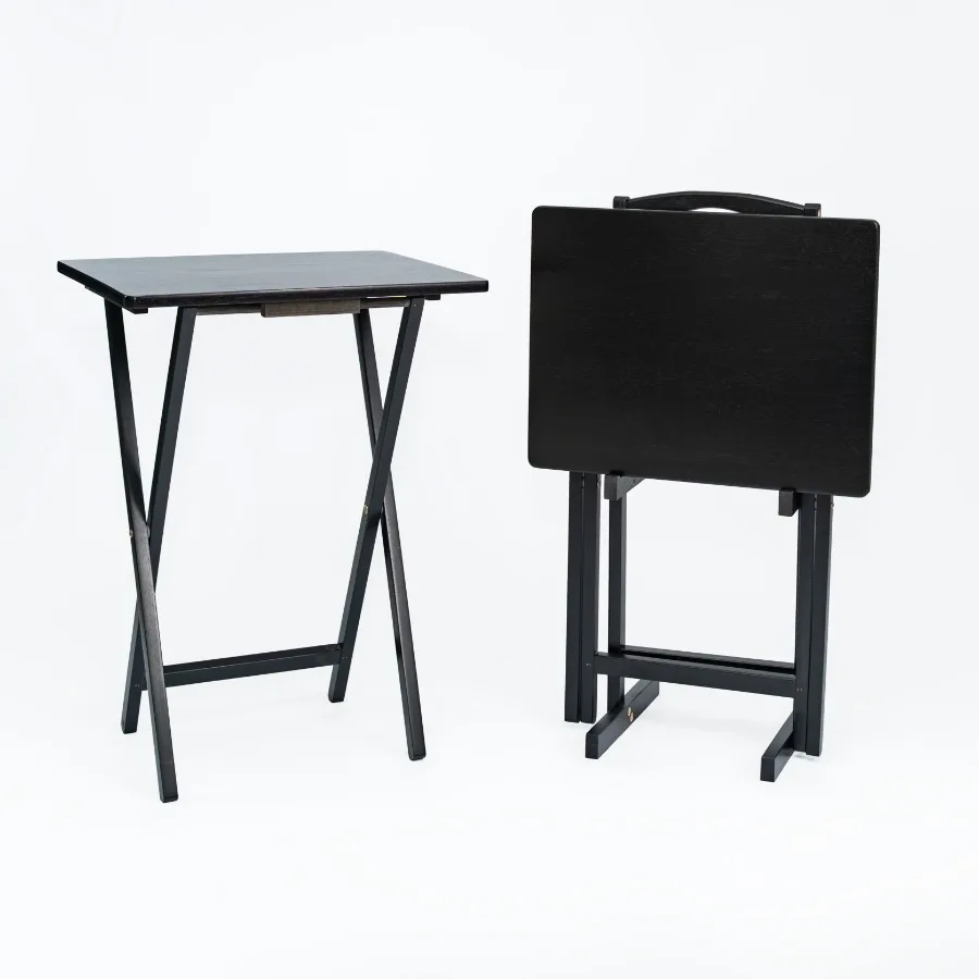 3-Piece Rubberwood Folding TV Tray Table Set of 2 with Storage Rack Black