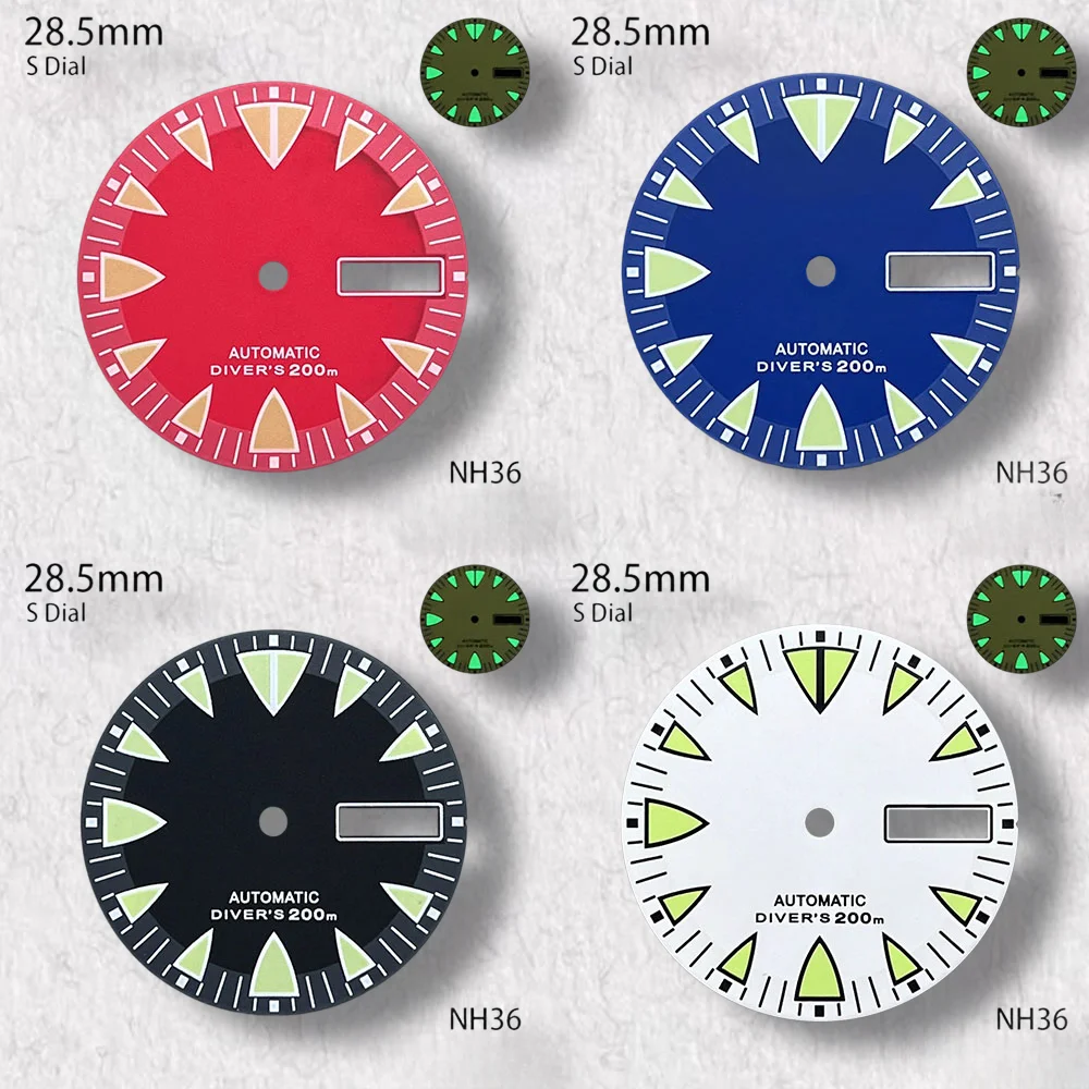 

High quality 28.5mm S logo dial, suitable for NH36/4R36 sports, dual calendar, month modification, aluminum modification accesso