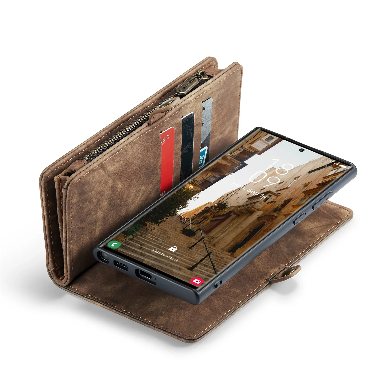 2 in 1 Cards Bag Zipper Wallet PU Leather Case for Samsung S25 edge S24+ S23 S22 FE S21 Plus A34 A54 A52 A53 Note20 Purse Cover