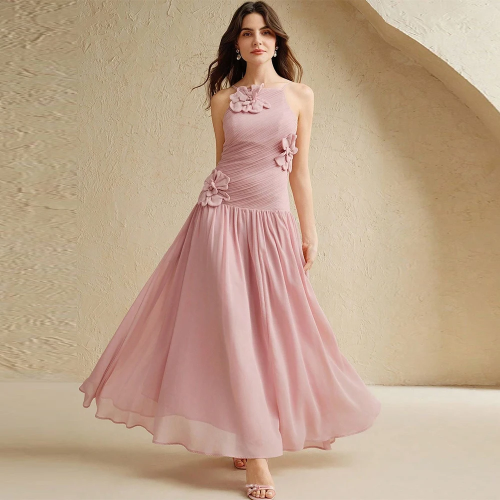 

Soft Chiffon Sleeveless Evening Dress Classic Spaghetti Straps Customized Prom Dresses Delicate 3D Flower Special Occasion Gowns